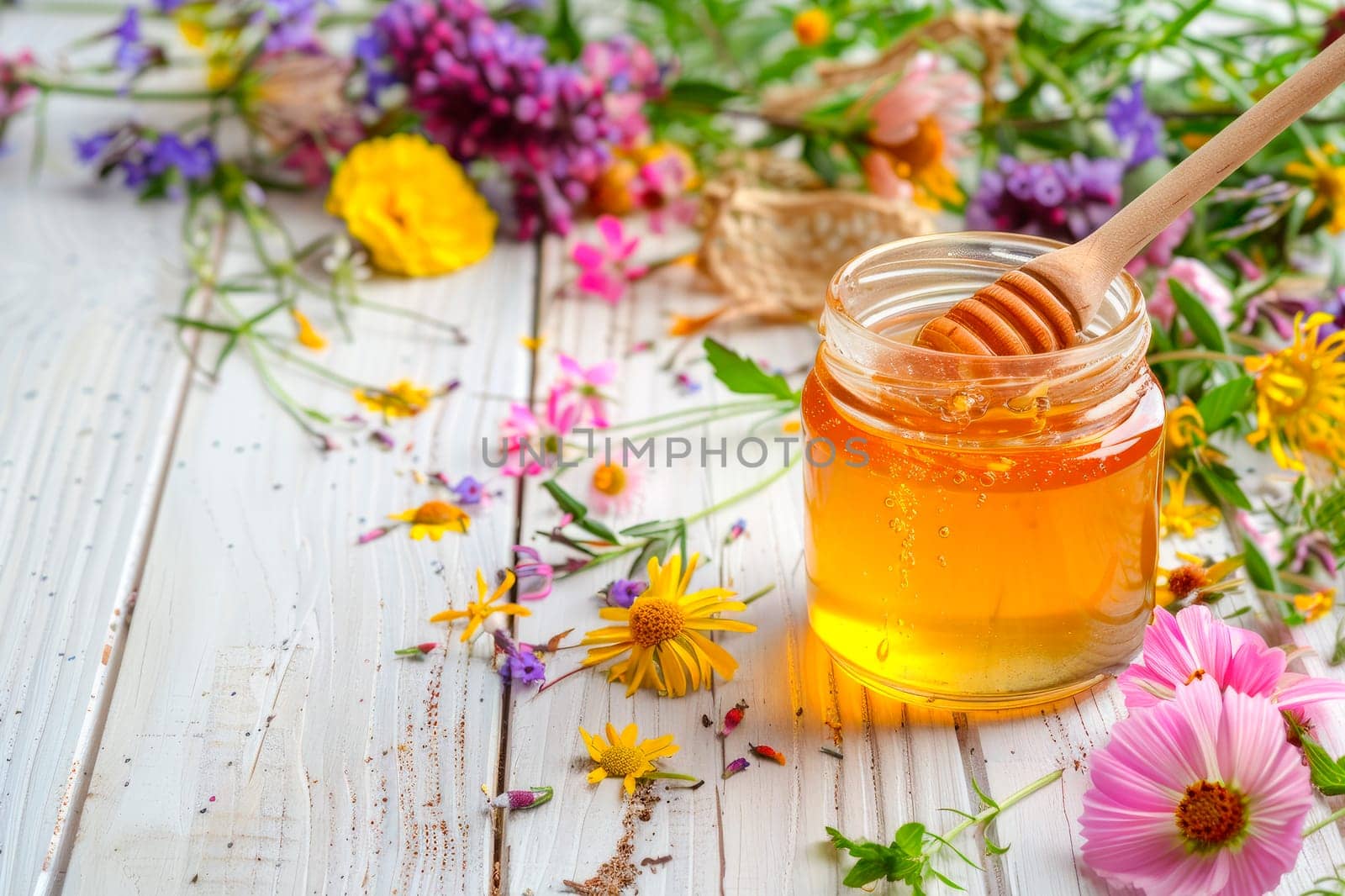 Fresh honey jar with wooden spoon. Glass jar of honey with a wooden spoon dipped into it, set on a white wooden table with scattered wildflowers around. AI generated