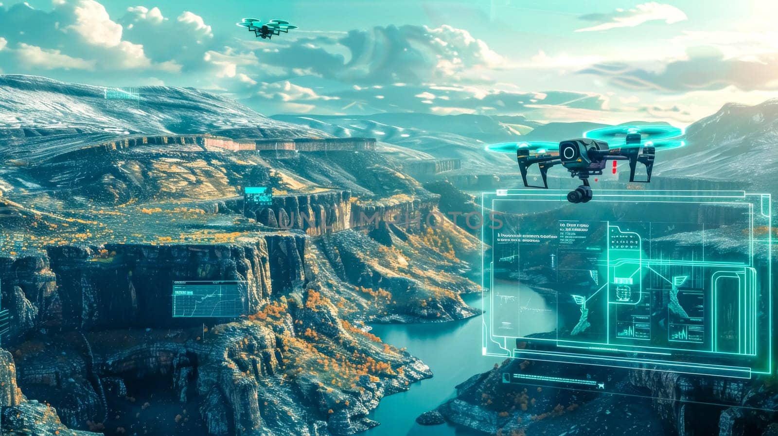 Drone captures aerial data and uses augmented reality software to map and analyze a stunning canyon landscape, providing a unique perspective of the environment