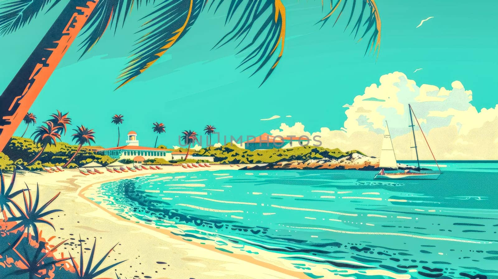 Sailboat is sailing on turquoise water towards a tropical island with a luxury resort, palm trees, and white sand beaches