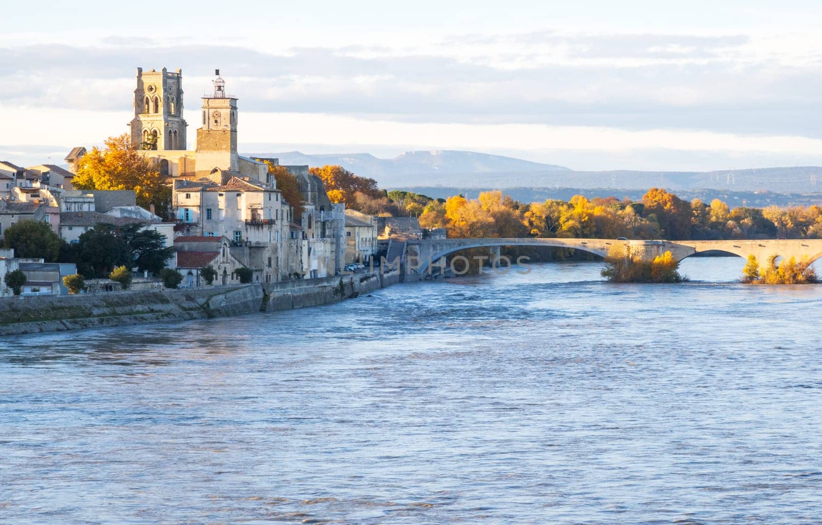 Pont-Saint-Esprit and its bridge over the Rhone river photographed in Occitanie, France