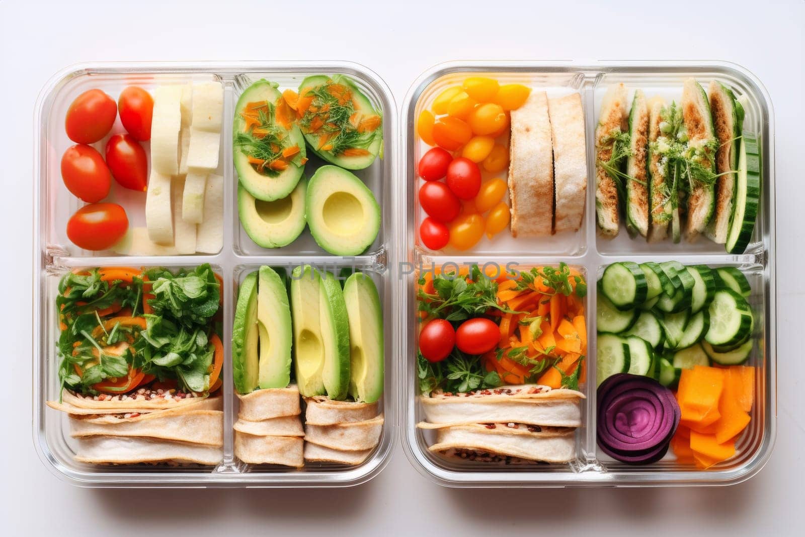 Balanced healthy meal ready to eat at work. Food prepared to eat at office. Lunch in container for office worker. Having lunch at work. Catering service. Healthy office box with sliced vegetables and fruits. Fresh, healthy and convenient meal