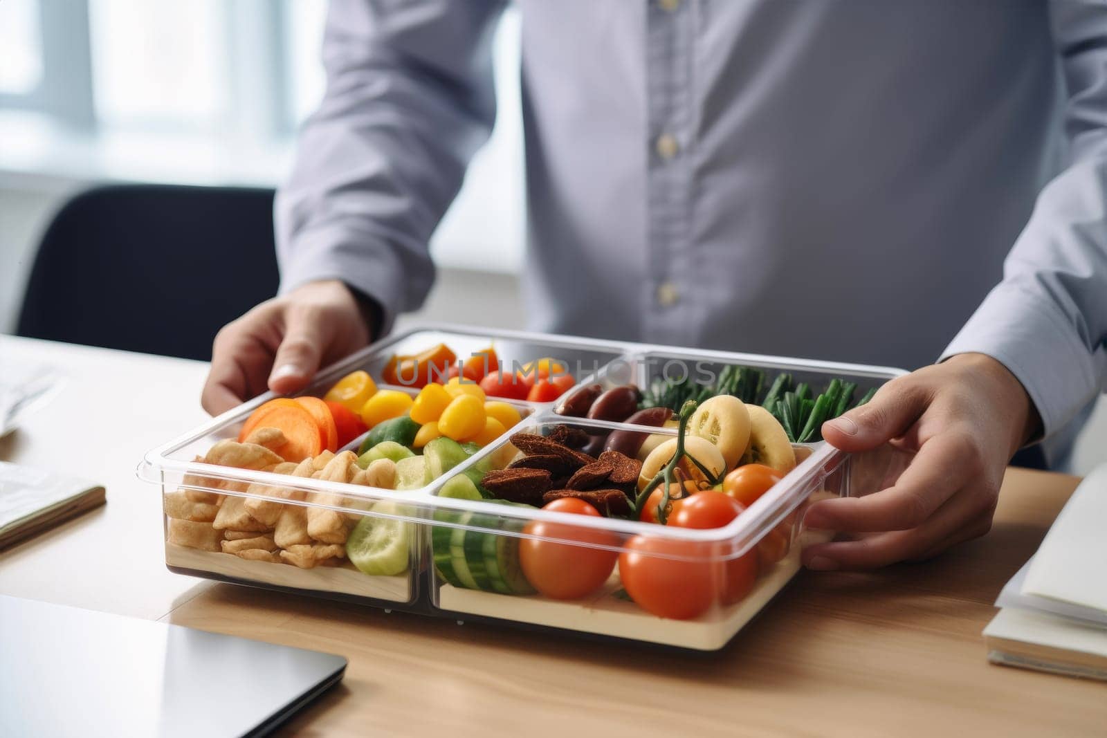 Person is eating healthy balanced lunch at work. Prepared meal ready to eat at office. Lunch in container for office worker. Having lunch at work. Healthy style. Healthy office box with sliced vegetables and fruits. Fresh, healthy and convenient meal