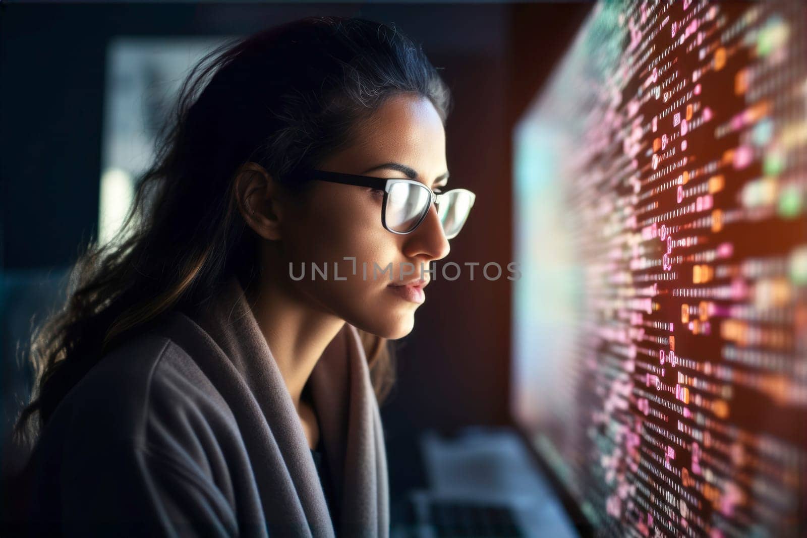 Data scientist looking at big screen with data visualisation. AI researcher. Analyzing and developing ai technology. AI engineering. Big data analysis and management. Data visualization. Software developer at work. Artificial intelligence expert. Data analyzing technology. Innovation and future tech