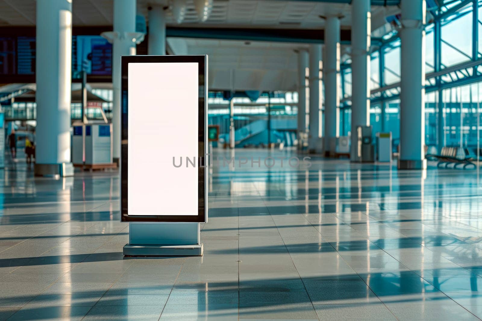 An empty vertical billboard stands in empty airport hall, copy space for advertising content. AI generated