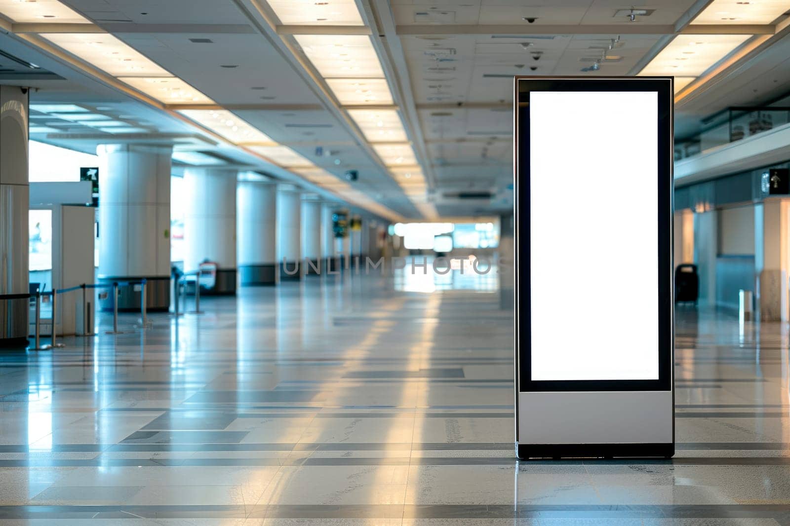 An empty vertical billboard stands in empty airport hall, implying a copy space for advertising content. AI generated