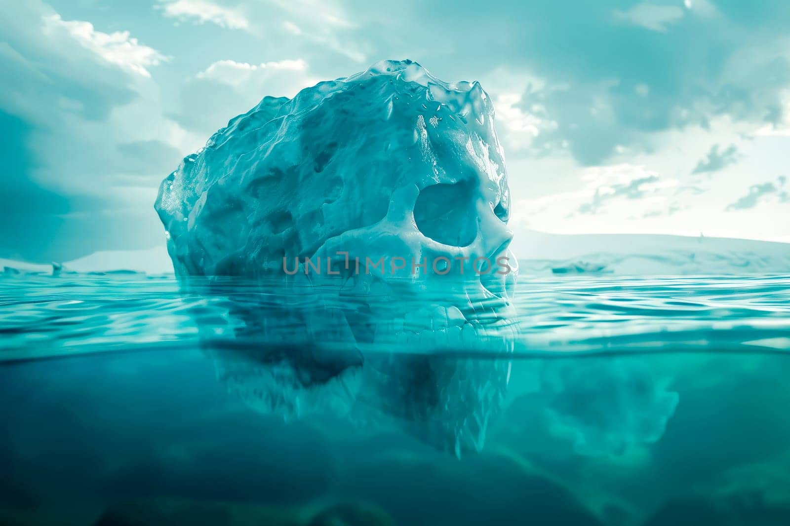 Iceberg in the shape of a human skull. Hidden dangers with a deceptive hazardous iceberg in cold arctic water. AI generated