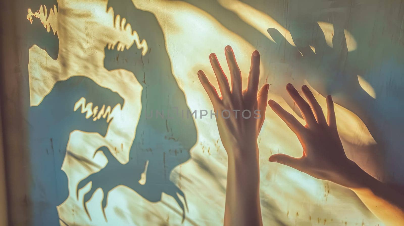 Two hands playfully creating shadow monsters on a wall, evoking childhood fear and excitement in a spooky atmosphere