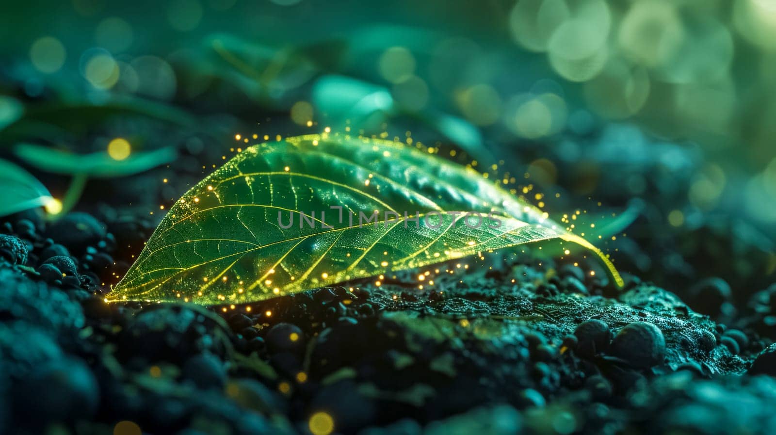 Green leaf glowing on dark soil with magical golden particles, representing concepts such as ecology, nature conservation, and environmental protection