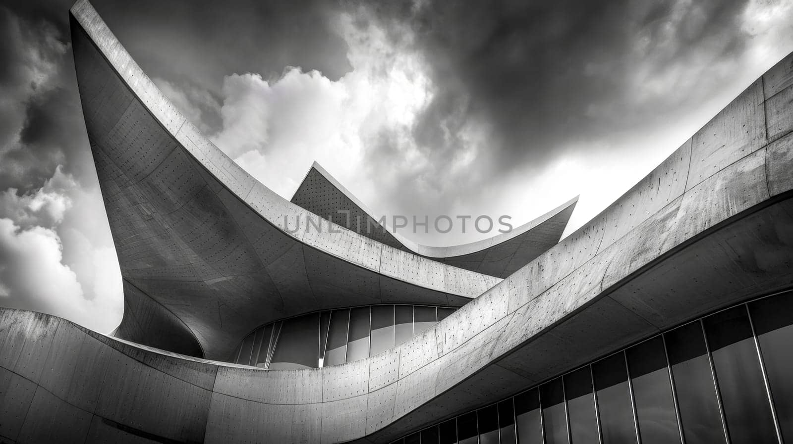 Modern abstract building made of concrete against a cloudy sky in black and white. Geometric shapes and curves create a futuristic design, highlighting the intricate patterns and details