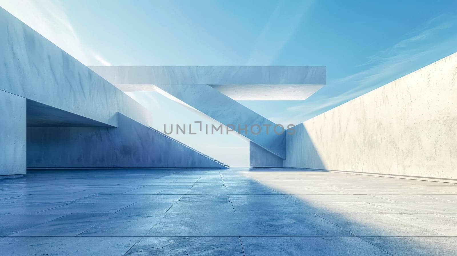 Tall, abstract concrete building with geometric design and sunlight casting shadows, exuding a modern, minimalist urban vibe against a blue sky