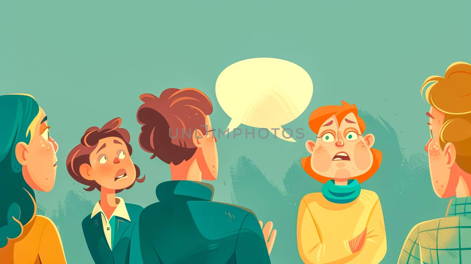 Illustration of a group of young professionals having a discussion, one businesswoman is receiving negative feedback from her colleagues and she is feeling ganged up on