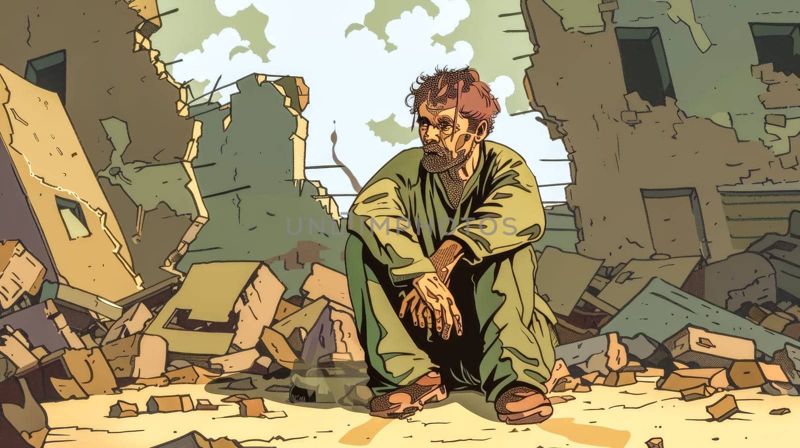 Illustration of a desperate man sitting alone amongst rubble and debris, depicting the aftermath of war or a natural disaster