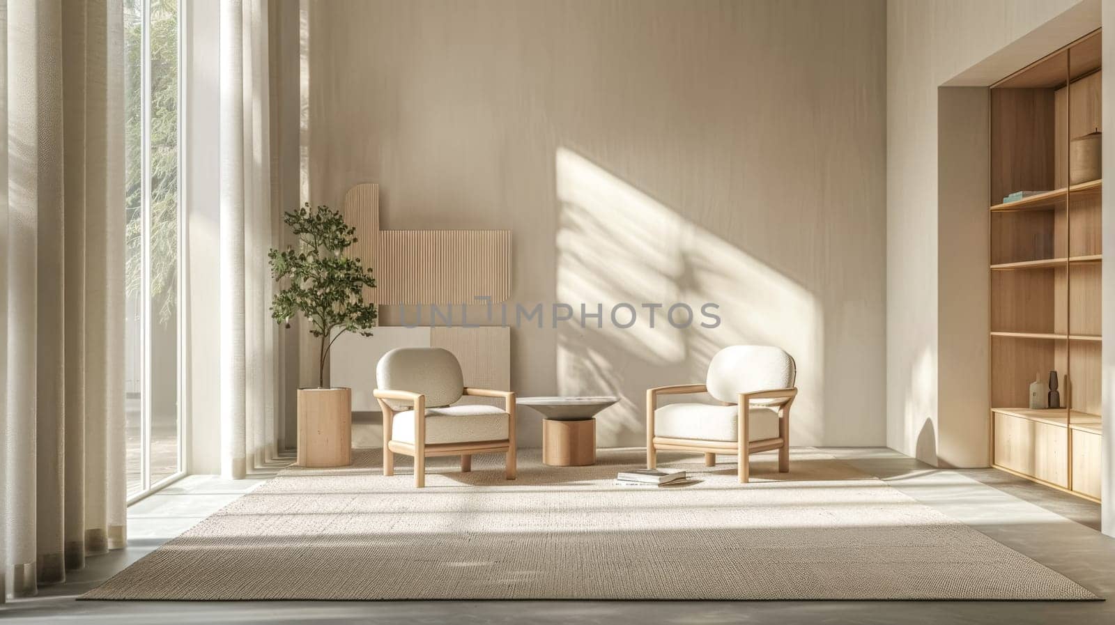 Sunlight streaming through a large window illuminates a meticulously designed living room, highlighting the natural textures and minimalist aesthetic