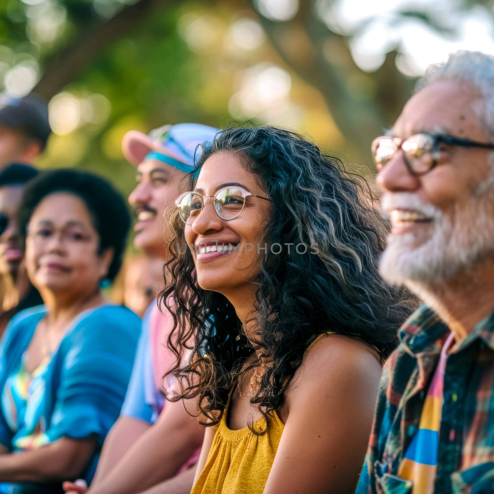 Diverse group happily spends time together at an outdoor event in the park, smiling, laughing, and connecting, showcasing togetherness and community