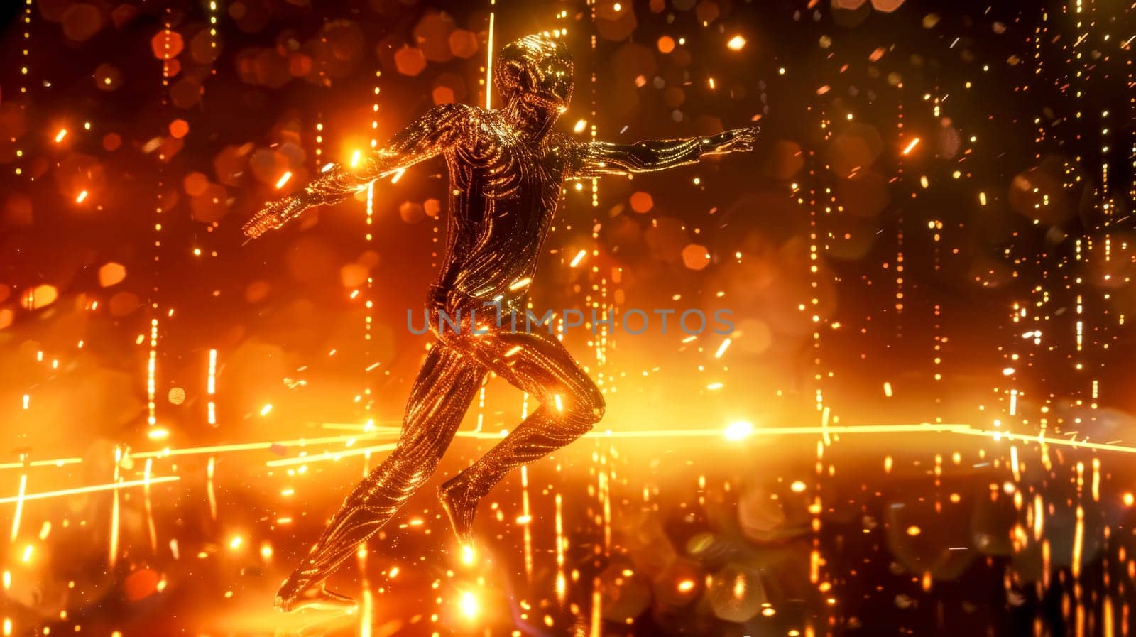 Golden android is running through a shower of digital rain, suggesting concepts such as artificial intelligence, the metaverse, and the future of technology