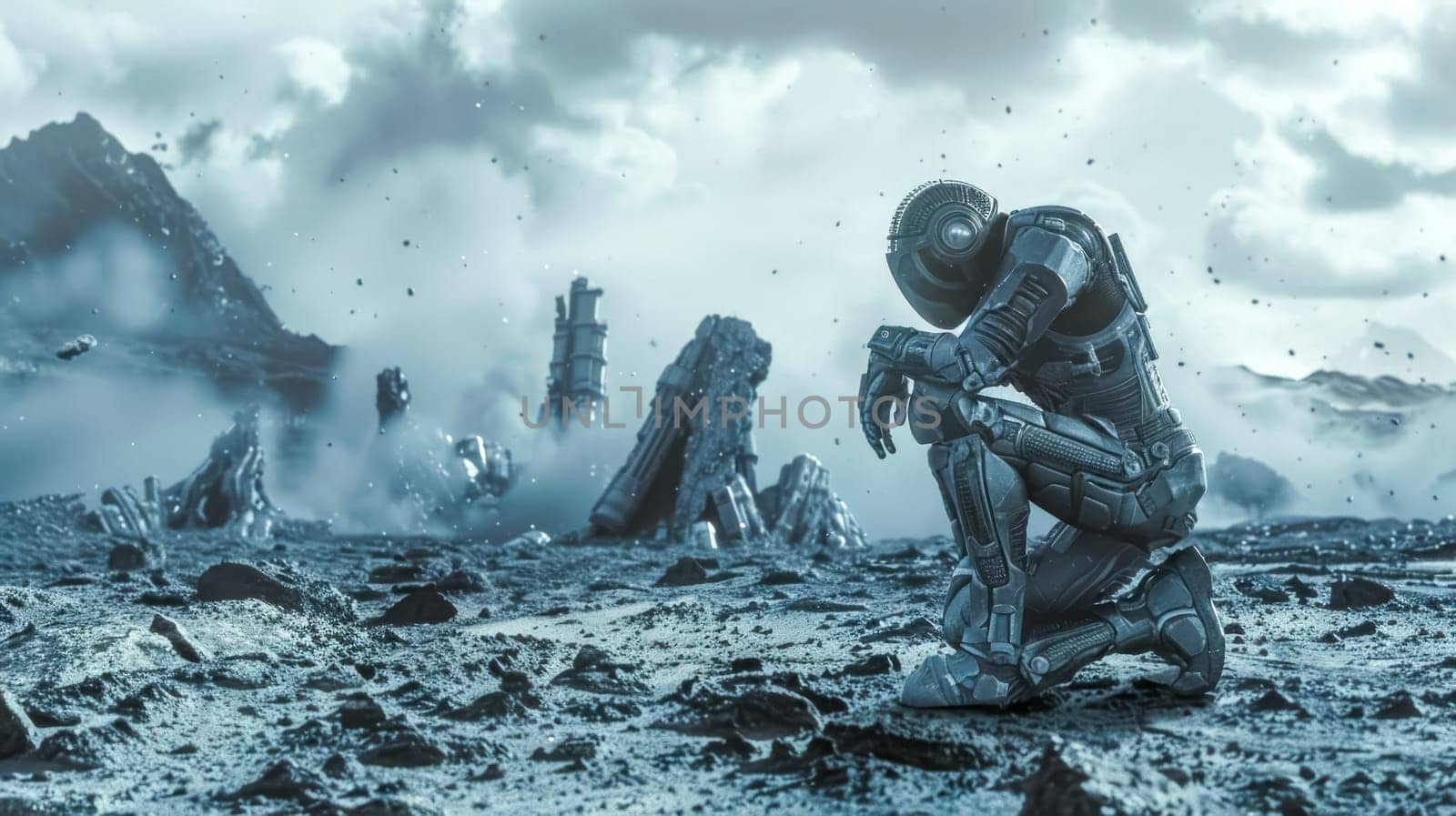 Astronaut is kneeling among the ruins of an alien civilization, contemplating the destruction and the cost of victory