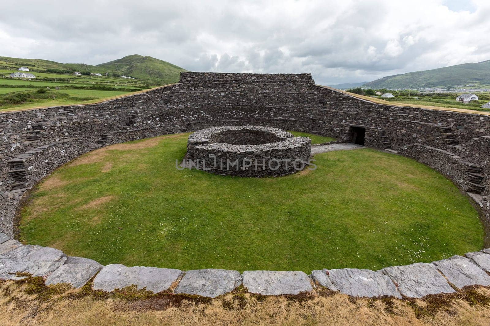 Cahergall Stone Fort near Cahirsiveen in southwest Ireland. This stone fort or Cashel was built as a protected farmstead. It is likely that someone of local importance lived here about a 1000 years ago.