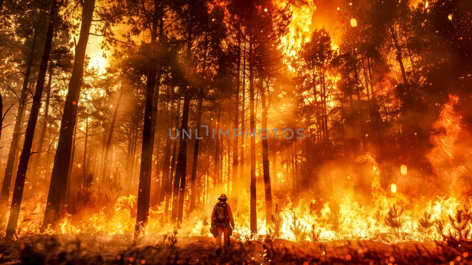 Firefighter walking through a burning forest, battling a wildfire with courage and determination. The image captures the intensity and danger of wildfires