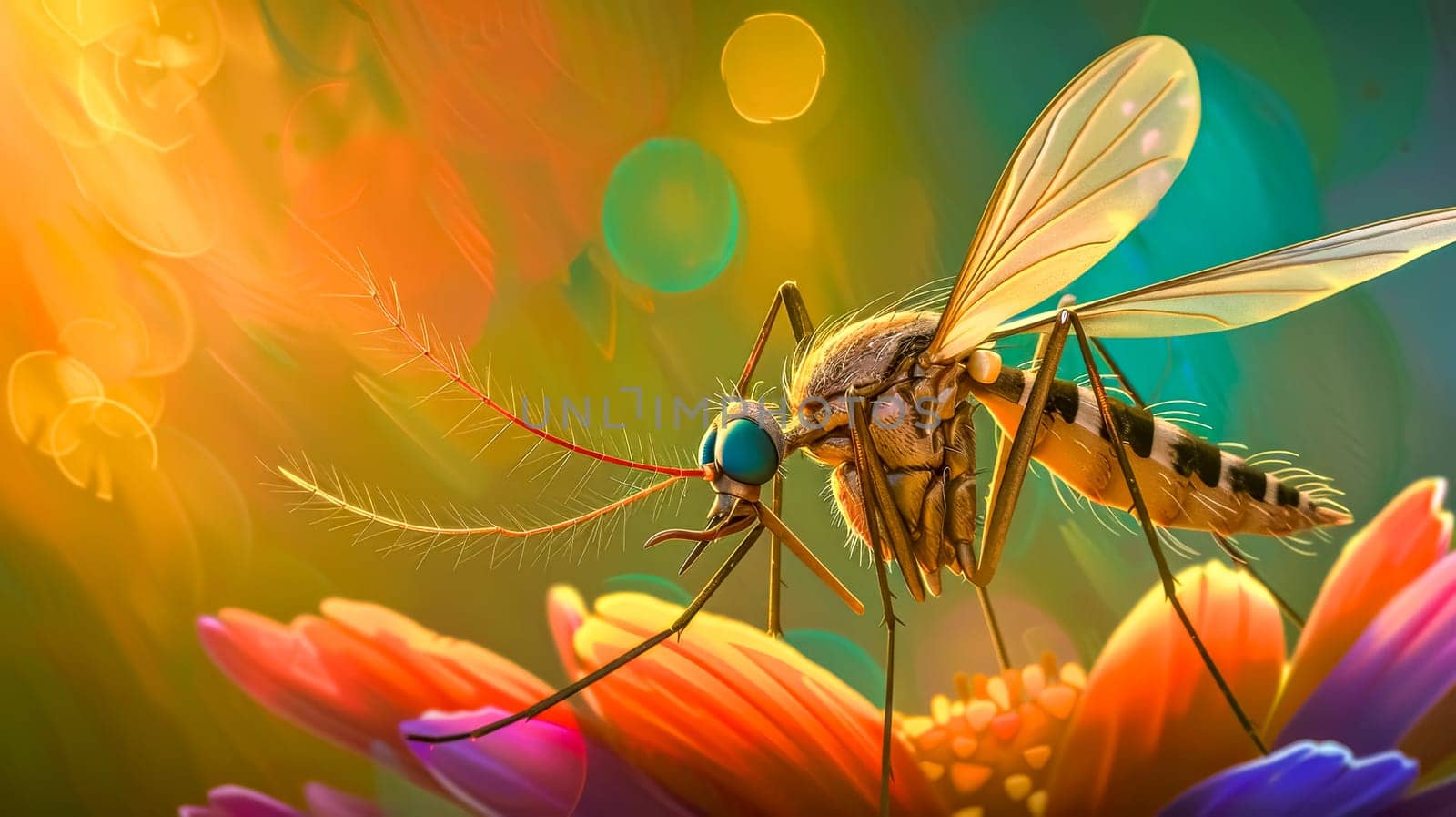 Mosquito is standing on a colorful flower with its wings spread out, enjoying the warm sunlight. The insect is shown in great detail
