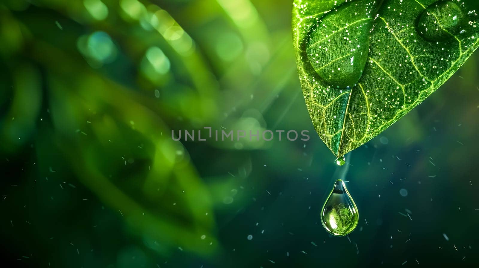Water droplet forms on a green leaf in a lush rainforest, reflecting nature's beauty. The fresh leaf symbolizes growth and purity, with dew adding freshness