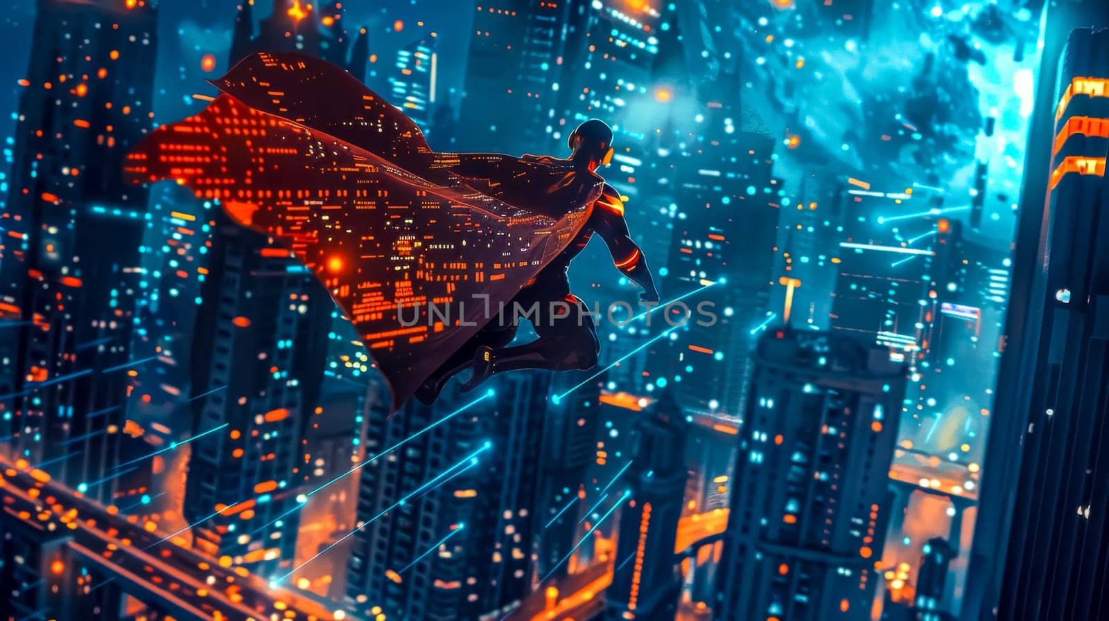 Superhero with a flowing cape is flying over a futuristic city at night, illuminated by neon lights. This image evokes a sense of power, technology, and the future