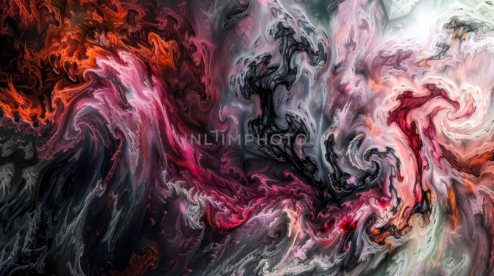 Abstract liquid acrylic fluid art painting in swirling shades of red, black, and white creating a dreamy, mesmerizing effect