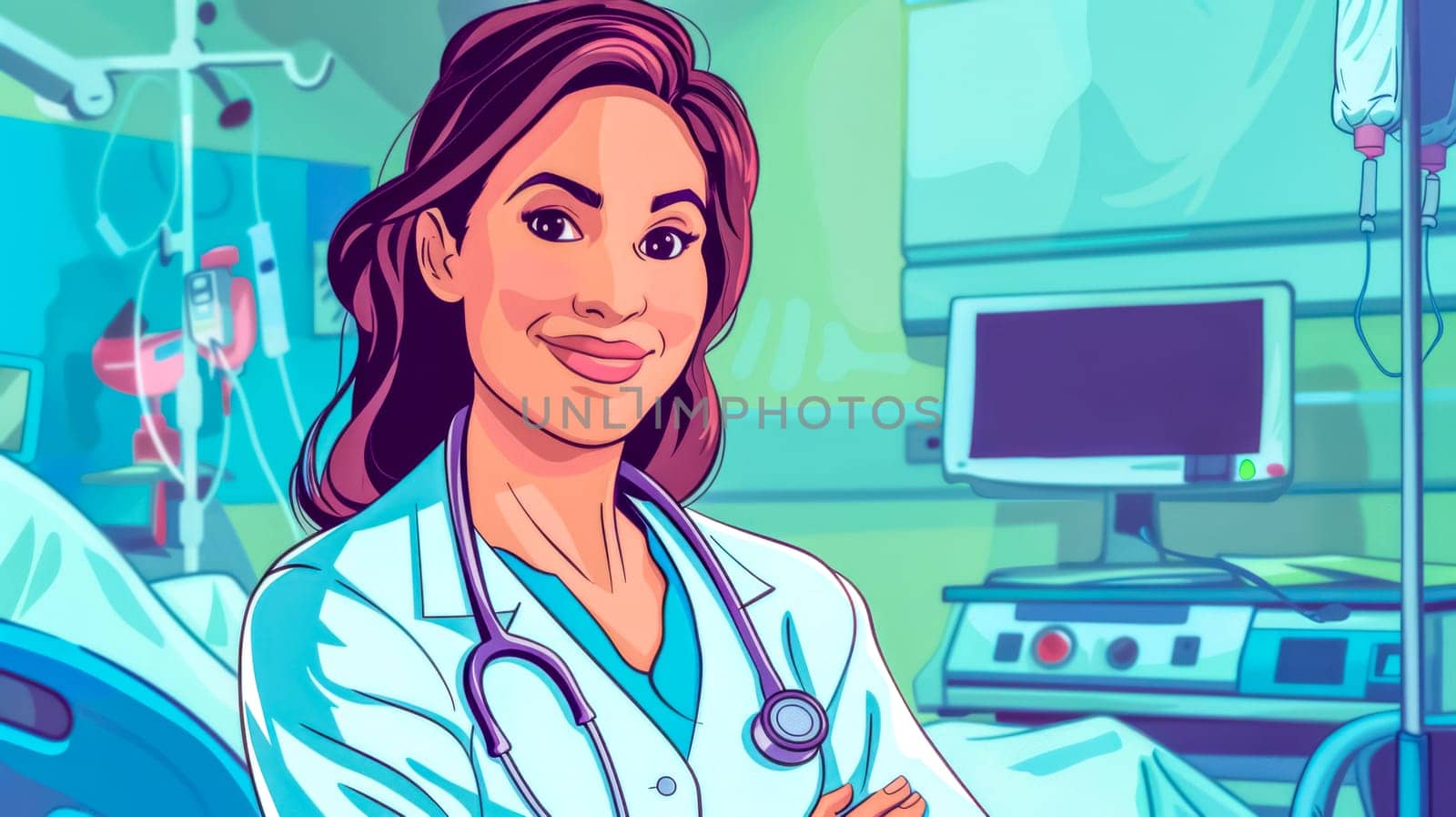 Female doctor is smiling in a hospital room with her arms crossed, conveying a sense of expertise and trustworthiness