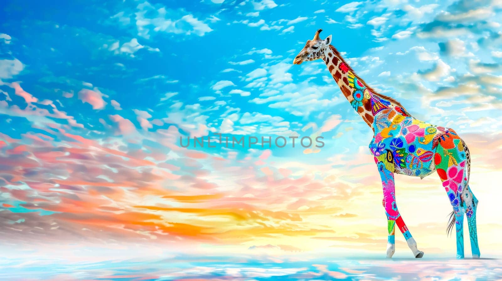 Giraffe with a colorful painted pattern is walking on clouds in a beautiful sunset sky. This image evokes freedom, imagination and dreams