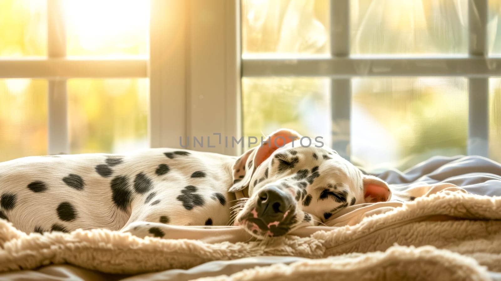 Dalmatian dog peacefully sleeps by the window, basking in warm sunlight, creating a cozy, tranquil scene