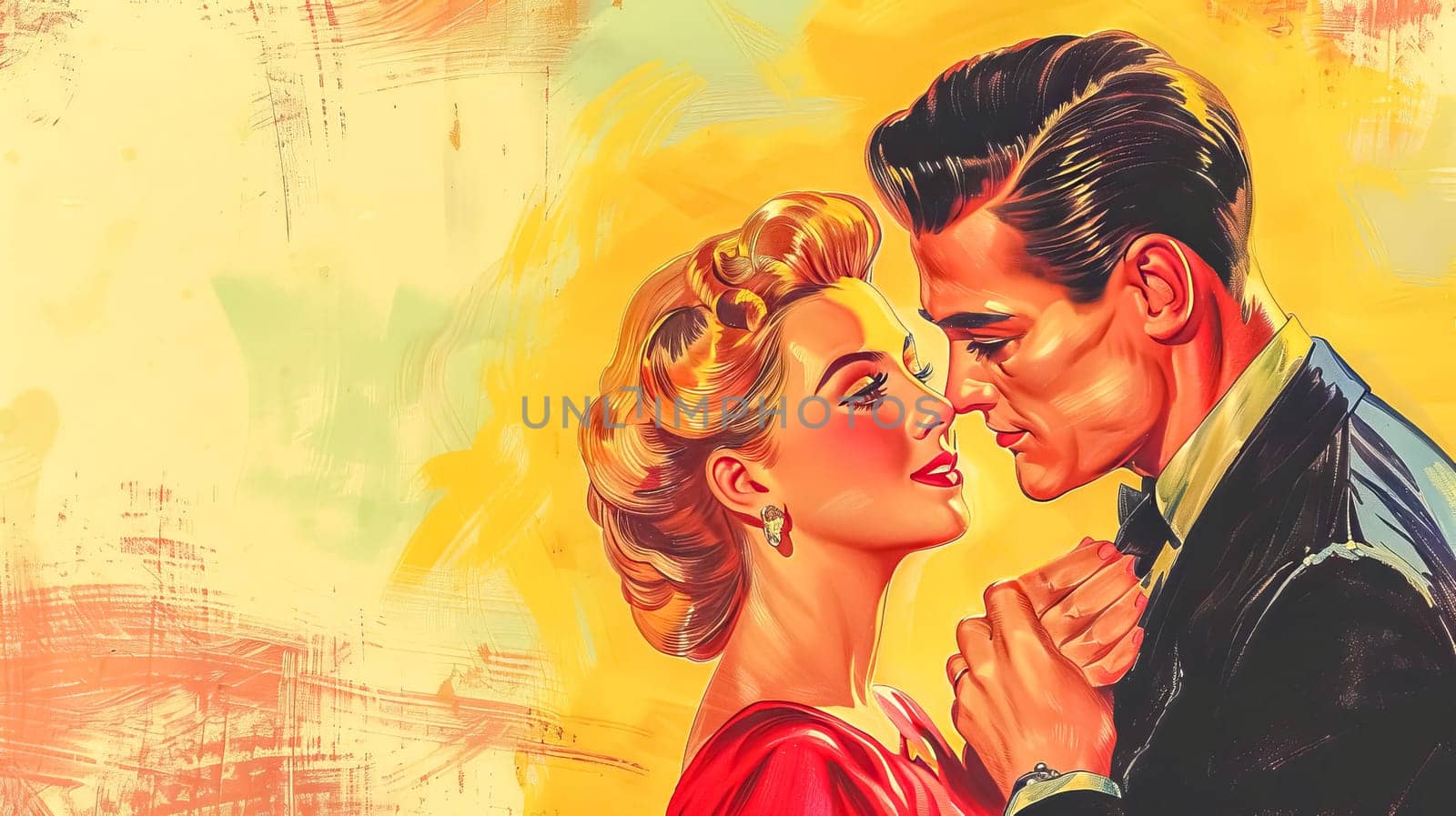 Glamorous couple gazes into each other's eyes, their hands clasped together, capturing the essence of romance and nostalgia in a vintage-inspired illustration