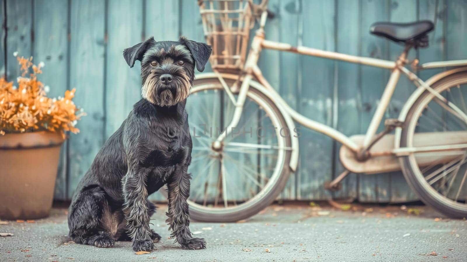 Cute miniature schnauzer dog sits in front of a blue wooden wall with a vintage white bicycle, looking happy on a sunny day outdoors