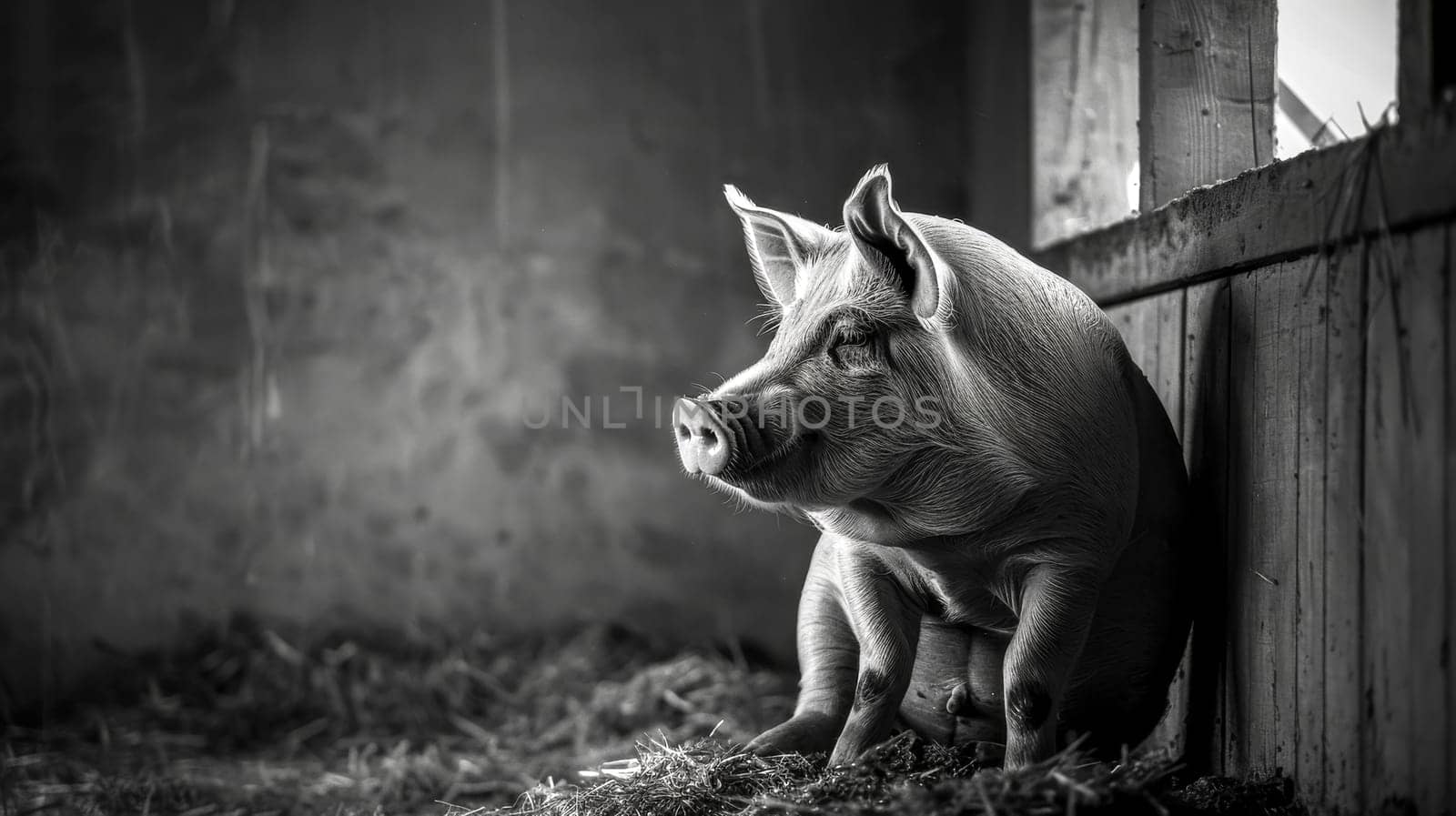 Cute piglet rests in a cozy barn, bathed in sunlight. The serene scene captures rural farm life with the adorable black and white piglet looking curious
