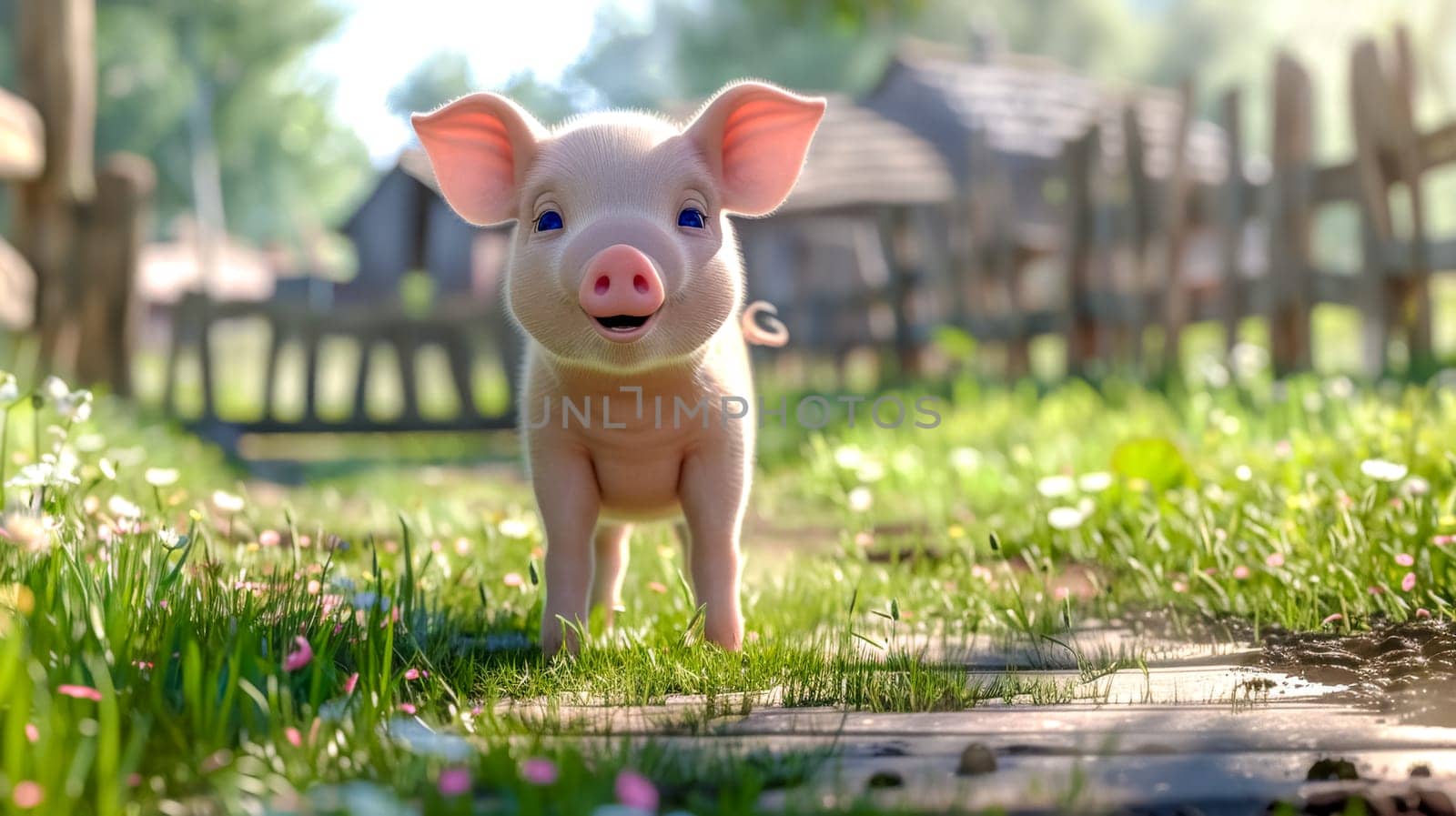 Cute piglet standing on a farm path, surrounded by green grass and flowers, enjoying a sunny day. The pink pig looks happy in the countryside