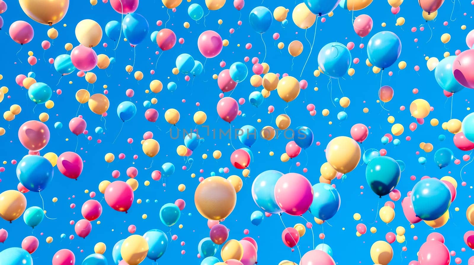 Colorful balloons float freely in the clear blue sky, adding joy to celebrations. Vibrant hues and cheerful patterns create a lively backdrop for parties, birthdays, weddings, or any outdoor event