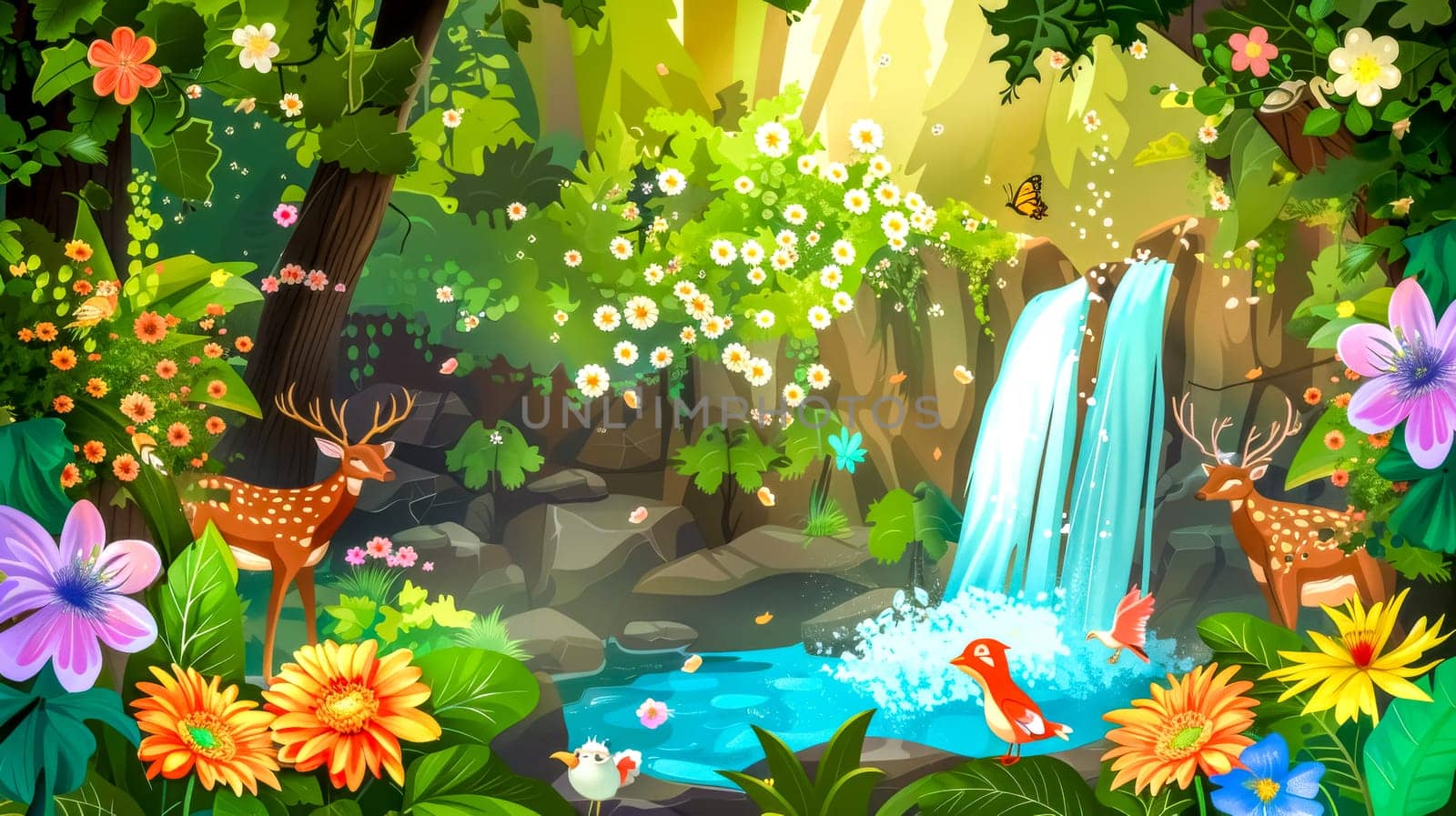Beautiful waterfall cascading down rocks into a pool of water, surrounded by lush greenery, colorful flowers, and adorable animals enjoying the serene ambiance