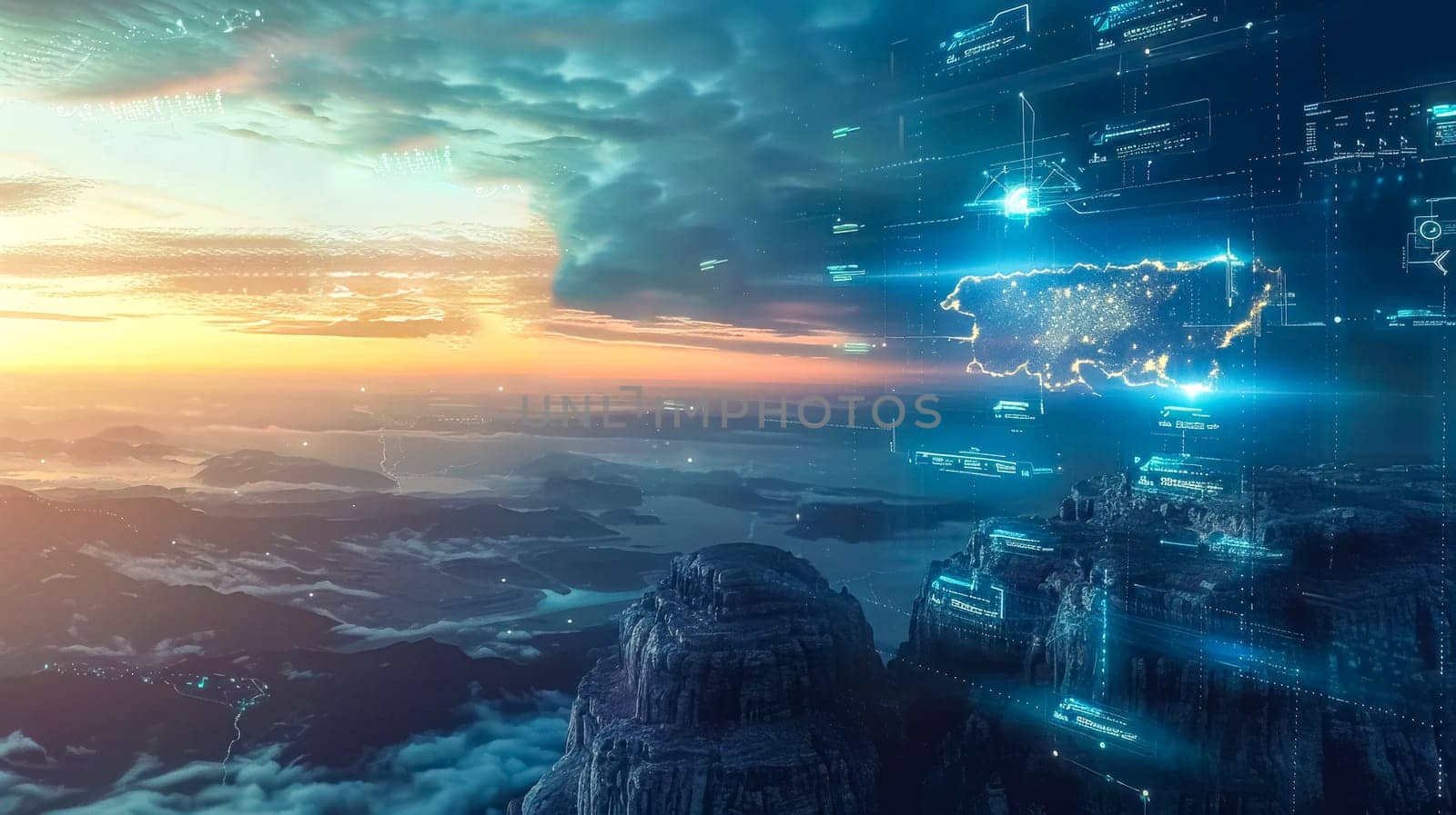 Futuristic hologram of dominican republic is being projected over some mountains at sunrise, showcasing the country's technological advancement