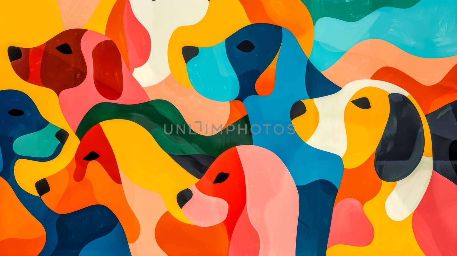 Colorful dog heads overlap in a playful, modern art design. Perfect for websites, social media, and print ads. Bright and trendy for wallpapers and cards. Add a pop of color to your project!