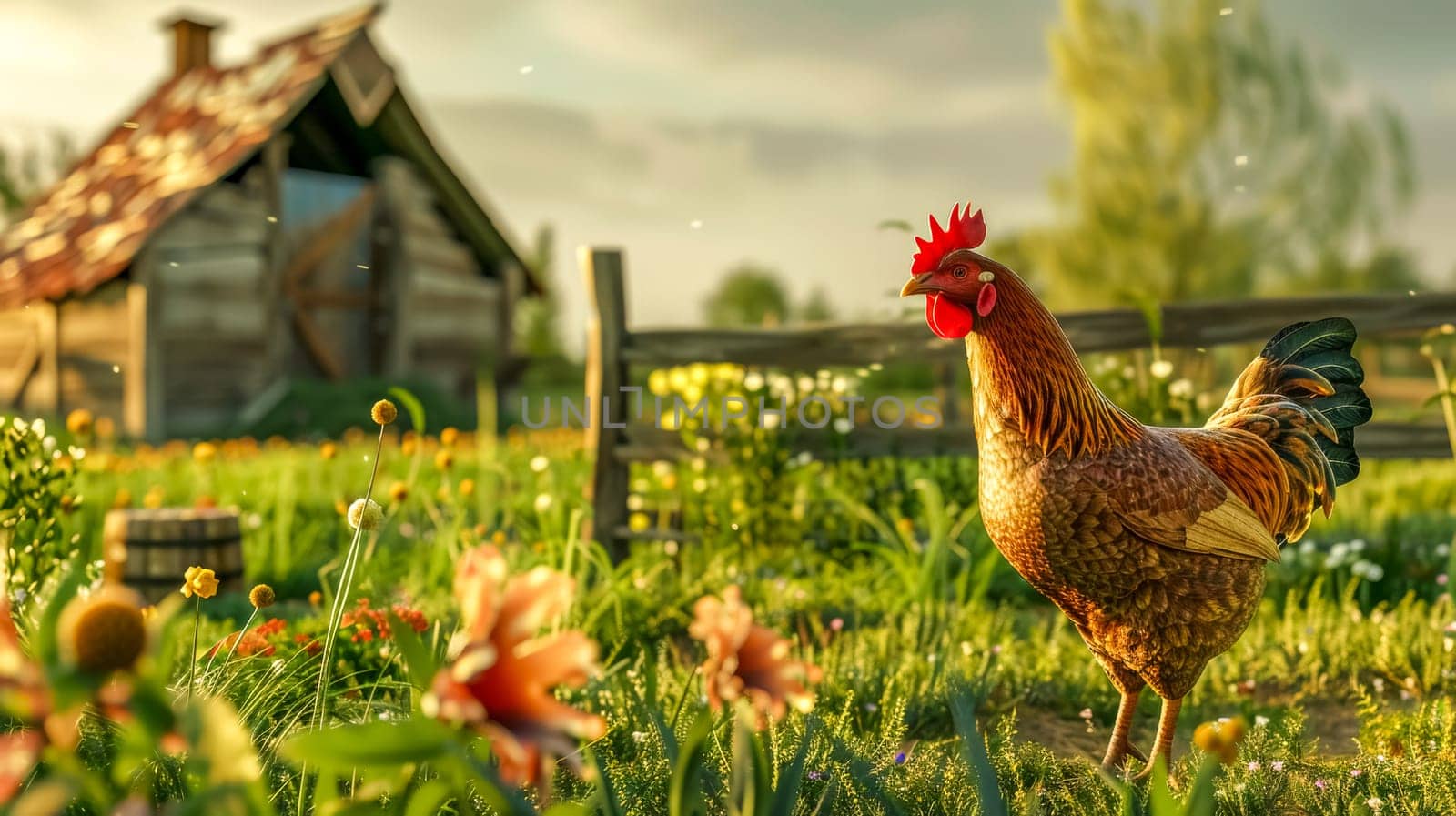 Red chicken is standing in tall green grass on a farm with a rustic wooden barn in the background bathed in golden sunlight
