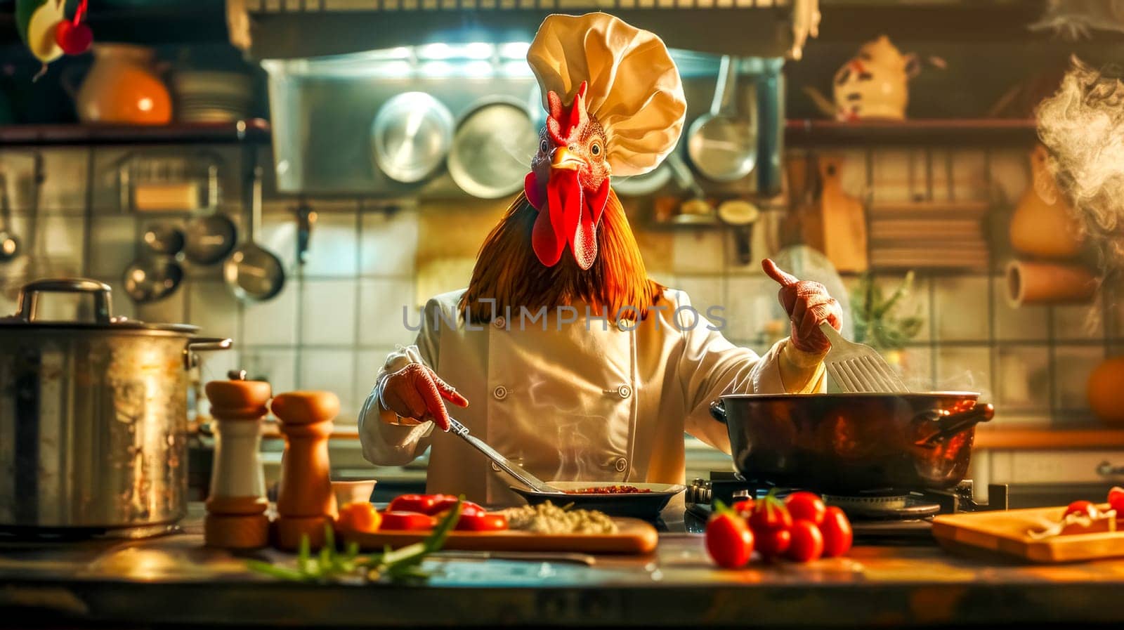 Rooster chef wearing chef's whites and hat is cooking a chicken dish in a rustic kitchen, stirring a pot and using a spatula