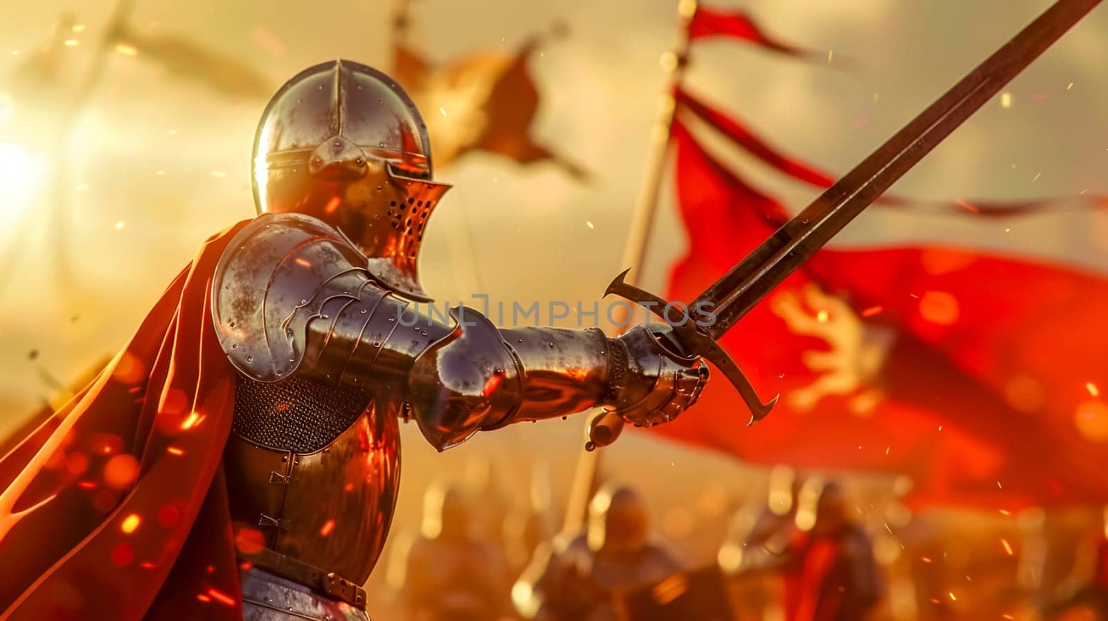 Medieval knight in shining armor is raising his sword with determination and courage, surrounded by the chaos of a fiery battle
