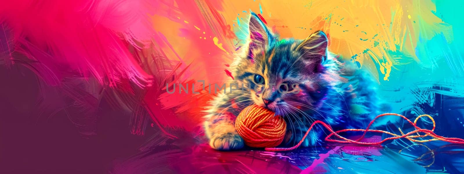 Cute kitten is playing with a red ball of yarn on a colorful abstract background, creating a vibrant and playful scene