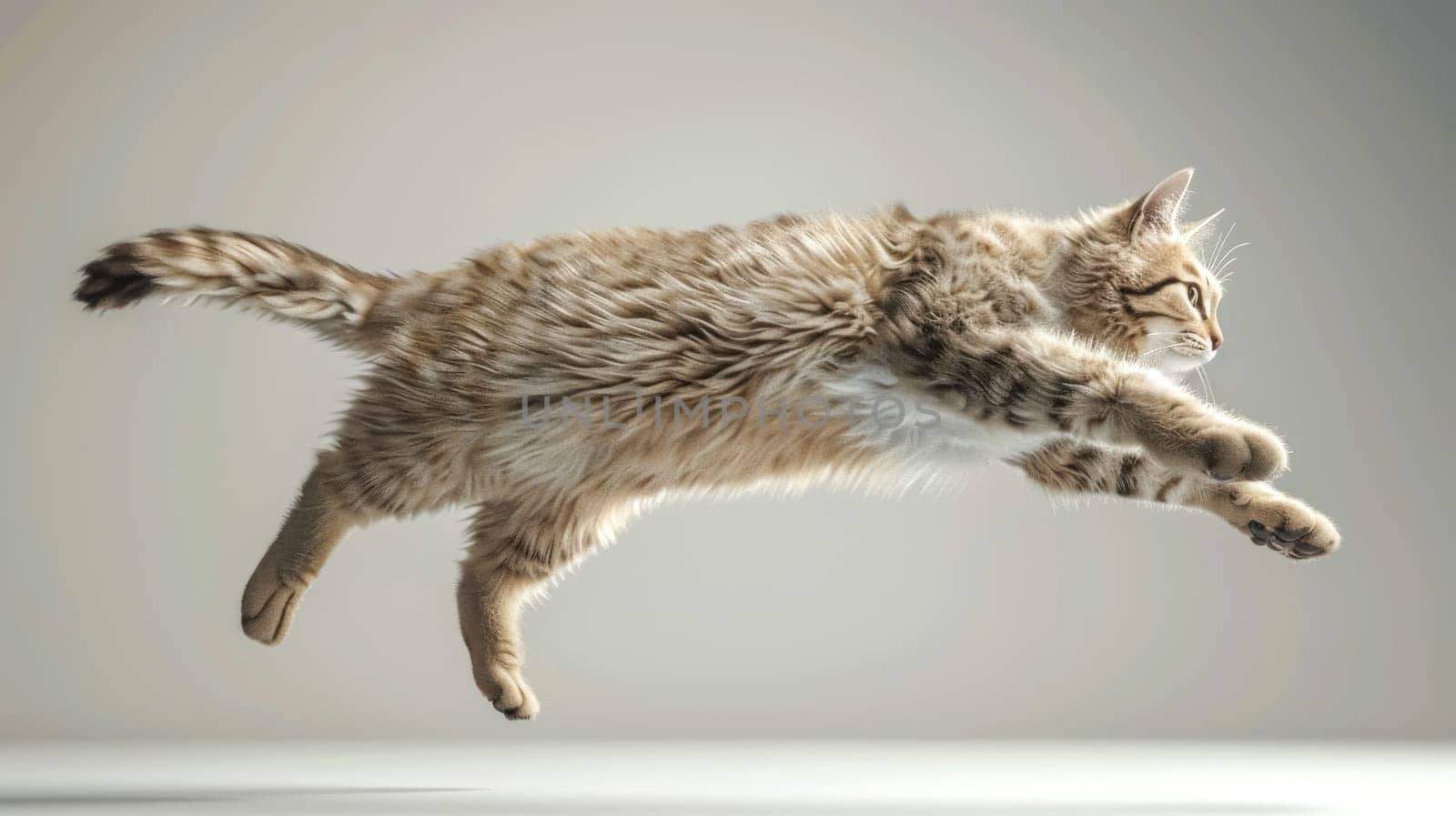 Striped tabby cat is gracefully jumping through the air with its legs outstretched and tail straight. The background is completely white