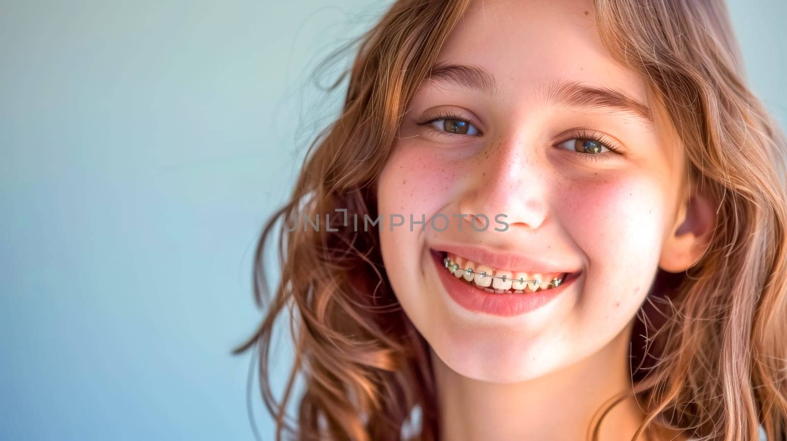 Smiling teenage girl with braces and freckles exudes happiness and confidence, gazing directly at the camera with vitality and freshness