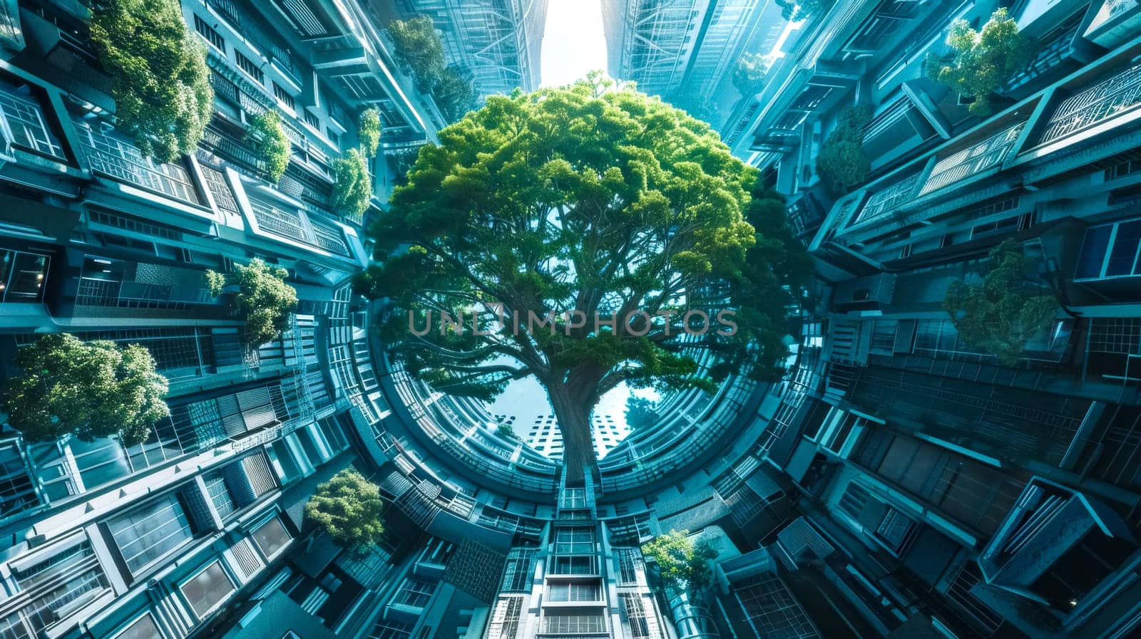 Vibrant green tree thrives in a modern circular building, embodying sustainable architecture and eco-friendly urban planning for a cleaner, greener future