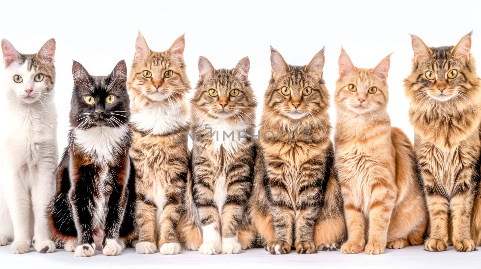 Seven cats with various fur patterns and colors sitting in a line on a white background. The cats are all looking forward