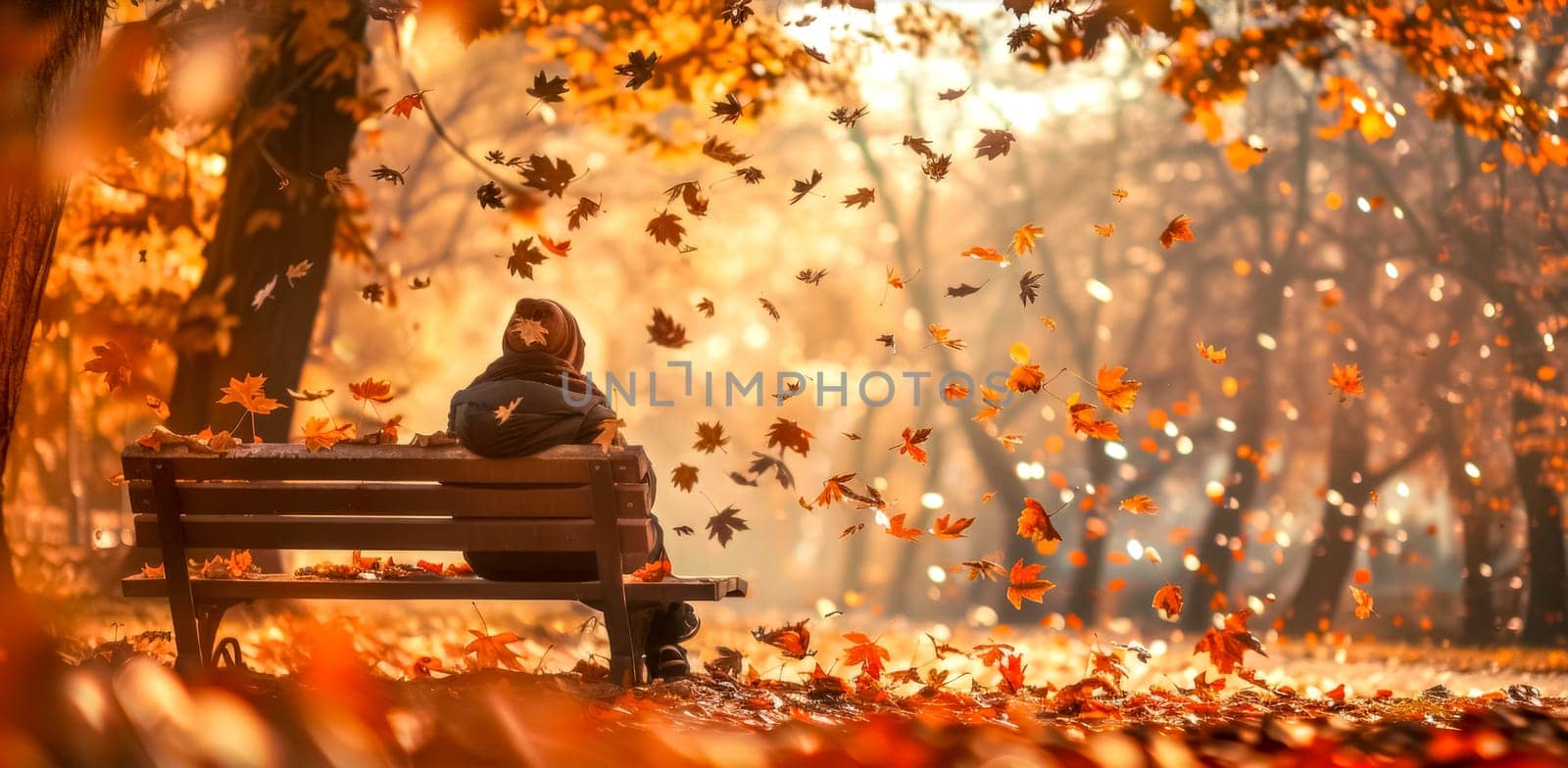 Woman is taking in the beautiful autumn scenery while sitting on a bench in a park, with colorful leaves falling around her