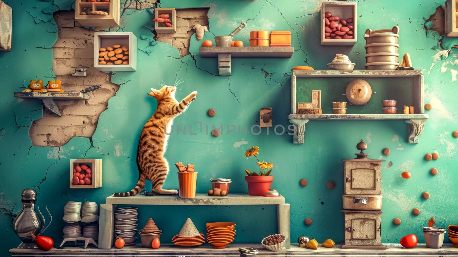 Playful tabby cat is standing on a kitchen shelf, reaching up to catch treats flying through the air in a charming, rustic kitchen