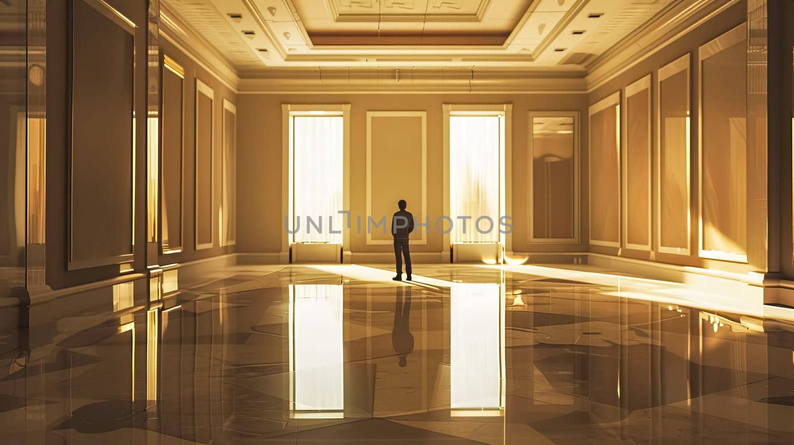 Confident businessman in sunny room with reflecting windows, polished floor, and urban view, contemplating success and future goals