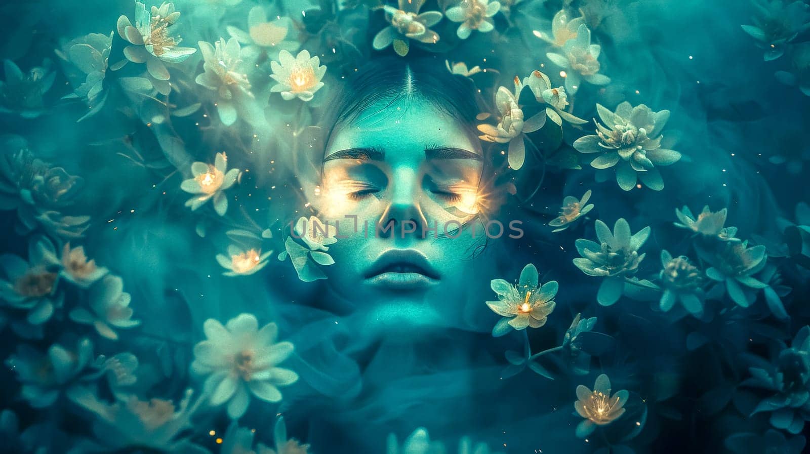 Stunning woman surrounded by white flowers, eyes closed in a dreamy state with glowing makeup, set in a magical blue-green background, creating a tranquil and serene underwater world