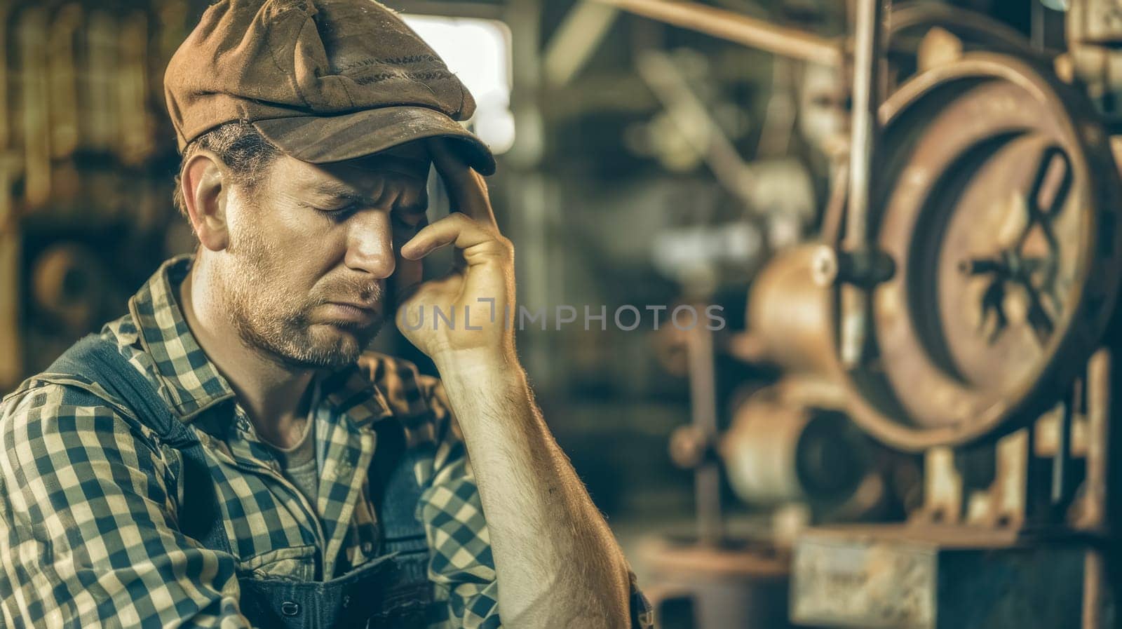 Farmer wearing overalls and flat cap feeling worried holding his head with his hand, standing in an old barn with vintage farm equipment